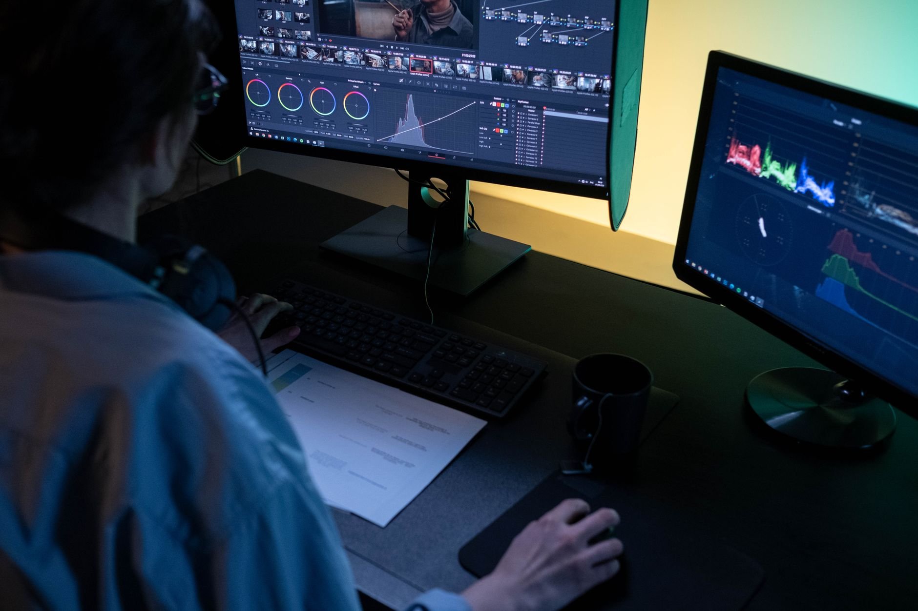 A video editor working at dual monitors in a dimly lit studio